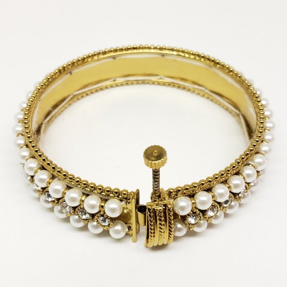 Faux Pearl and CZ Statement Bracelet with Screw Opening/Closure - Picture 4 of 6